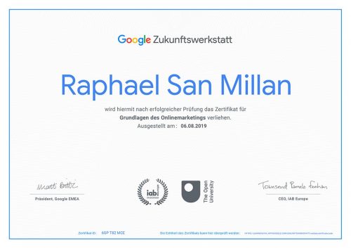 Zertifikat Google Zukunftswerkstatt Raphael San Millan