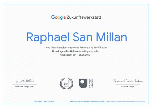 Zertifikat Google Zukunftswerkstatt Raphael San Millan